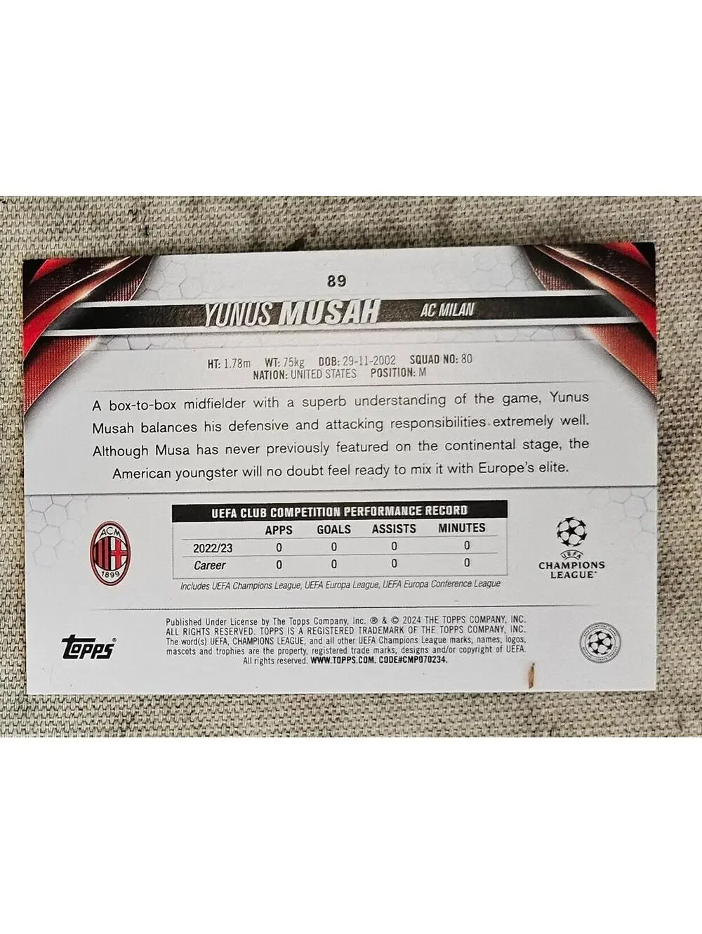 2024 YUNUS MUSAH - TOPPS UEFA CHAMPIONS LEAGUE - inferno insert - Picture 2 of 2